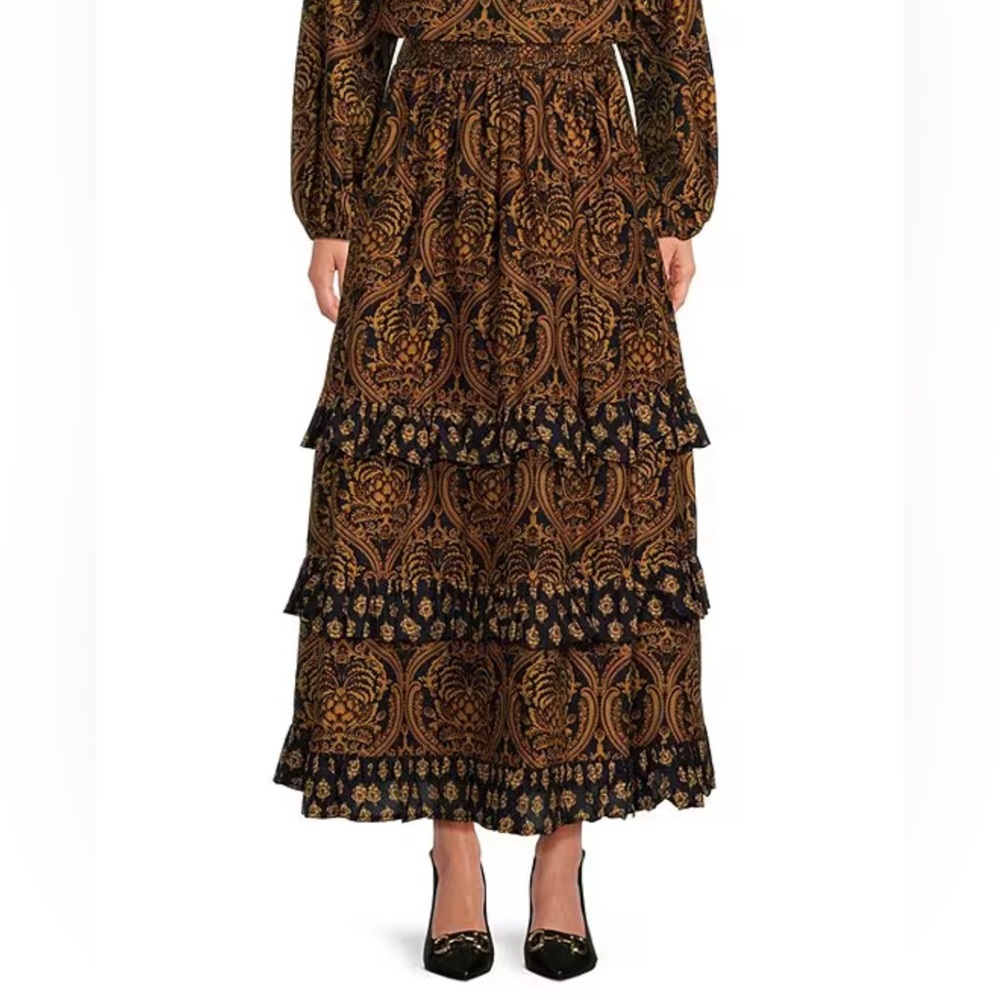 NWT A Loves A XS Damask Print Voile High Rise Ruched Tiered Flounce Maxi Skirt